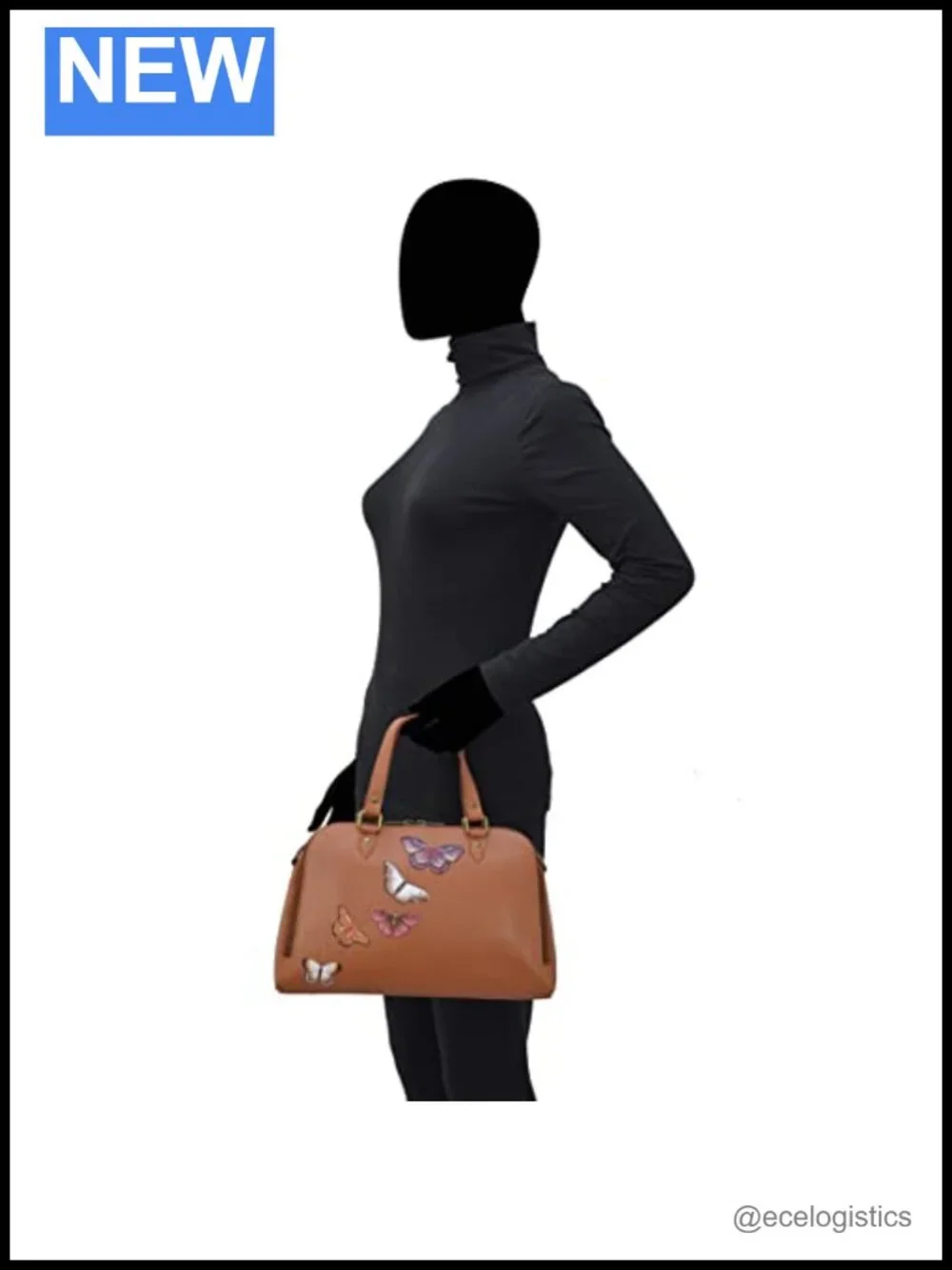 Hand-Painted Genuine Leather Satchel Purse with Butterfly Art Detachable Strap